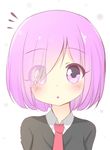  1girl :o agung_syaeful_anwar black_sweater blush commentary dot_nose eyebrows_visible_through_hair eyes_visible_through_hair face fate/grand_order fate_(series) hair_over_one_eye looking_at_viewer mash_kyrielight necktie parted_lips pink_eyes pink_hair red_neckwear shirt short_hair simple_background solo sweater white_background white_shirt 