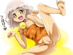  1girl barefoot beauty_mark bottomless fang feet looking_at_viewer one_breast_out one_leg_raised open_mouth pripara soles taiyou_pepper toes wavy_hair yellow_eyes 