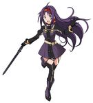  ahoge black_gloves black_legwear boots brown_eyes floating_hair full_body gloves headband holding holding_sword holding_weapon long_hair looking_at_viewer one_eye_closed open_mouth ponpon purple_footwear purple_hair solo standing standing_on_one_leg sword sword_art_online thighhighs very_long_hair weapon yuuki_(sao) 