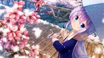  absurdres blue_eyes blue_umbrella bridge chinomaron day eyebrows_visible_through_hair flower fur_trim gochuumon_wa_usagi_desu_ka? hair_between_eyes head_tilt highres holding holding_umbrella kafuu_chino long_hair looking_at_viewer open_mouth outdoors pink_flower polka_dot polka_dot_umbrella purple_hair scarf snowing solo standing umbrella very_long_hair yellow_scarf 