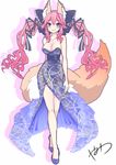  animal_ear_fluff animal_ears blush breasts cleavage collarbone dress evening_gown fang fate/extra fate/extra_ccc fate_(series) fox_ears fox_tail hair_ribbon highres large_breasts looking_at_viewer pink_hair ribbon signature simple_background solo tail tamamo_(fate)_(all) tamamo_no_mae_(fate) white_background wisespeak yellow_eyes 