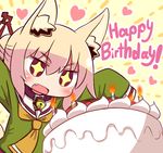  1girl :d animal_ear_fluff animal_ears arms_up bangs bell bell_collar birthday_cake blonde_hair blush brown_collar burning cake candle chibi collar eyebrows_visible_through_hair fang fire food fox_ears green_shirt hair_between_eyes hair_bun hair_ornament happy_birthday heart jingle_bell kemomimi-chan_(naga_u) long_hair long_sleeves looking_away looking_down naga_u open_mouth orange_neckwear original red_eyes sailor_collar shirt sidelocks sleeves_past_fingers sleeves_past_wrists smile solo upper_body v-shaped_eyebrows white_sailor_collar yellow_background 