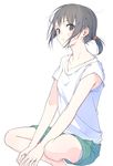  armpit_peek aspara bandaid bandaid_on_face bare_legs barefoot black_hair commentary_request ears green_shorts indian_style looking_at_viewer original ponytail shirt short_hair short_ponytail shorts simple_background sitting solo t-shirt white_background white_shirt 