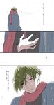  comic crying crying_with_eyes_open ena_(interknm305) green_eyes green_hair hanten_(clothes) highres male_focus red_scarf scarf tears touken_ranbu uguisumaru 