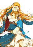  1girl blonde_hair blue_dress blue_eyes blue_shirt bubble closed_eyes dress earrings fingerless_gloves gloves hand_in_another's_hair happy hug jewelry link long_hair muse_(rainforest) pointy_ears princess_zelda shirt short_sleeves signature smile the_legend_of_zelda the_legend_of_zelda:_breath_of_the_wild tiara twitter_username wide_sleeves 