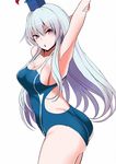  :o adapted_costume amisu armpits arms_up ass bangs blush breasts cleavage commentary_request competition_swimsuit cowboy_shot from_side kamishirasawa_keine large_breasts long_hair looking_at_viewer looking_to_the_side one-piece_swimsuit pink_eyes sidelocks silver_hair solo stretch swimsuit touhou v-shaped_eyebrows 