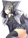  animal_ears ass black_hair black_legwear blue_eyes blush breasts cleavage grey_wolf_(kemono_friends) heterochromia highres kemono_friends large_breasts liya long_hair looking_at_viewer multicolored_hair no_panties open_mouth smile solo tail thighhighs white_hair wolf_ears wolf_girl wolf_tail 