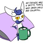  aliasing ambiguous_gender cup fur greyvested hi_res hot_cocoa looking_at_viewer marshmallow meowstic nintendo orange_eyes pillow pok&eacute;mon simple_background solo text video_games white_background white_fur yellow_sclera 