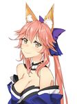  animal_ears bare_shoulders blush breasts cleavage detached_sleeves fate/extra fate/extra_ccc fate/grand_order fate_(series) fox_ears hair_ribbon highres japanese_clothes large_breasts long_hair looking_at_viewer looking_to_the_side pink_hair ribbon rshow simple_background solo tamamo_(fate)_(all) tamamo_no_mae_(fate) white_background yellow_eyes 