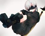  absurdres black_footwear black_gloves black_legwear black_shorts blindfold boots closed_mouth coat commentary_request gloves grey_hair highres kida_mochi kneehighs knees_up legs_together long_sleeves male_focus nier_(series) nier_automata shorts silver_hair solo sword uniform weapon yorha_no._9_type_s 