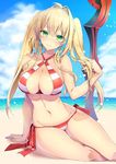  aestus_estus ahoge bangs beach bikini blonde_hair blush breasts closed_mouth commentary_request criss-cross_halter day fate/grand_order fate_(series) green_eyes groin hair_intakes hair_ribbon halterneck koikawa_minoru large_breasts long_hair looking_at_viewer nero_claudius_(fate)_(all) nero_claudius_(swimsuit_caster)_(fate) outdoors ribbon side-tie_bikini sitting smile solo stomach striped striped_bikini swimsuit twintails yokozuwari 
