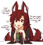  1girl :p animal_ear_fluff animal_ears bangs blush brand_name_imitation brooch brown_hair can chin_rest commentary dress energy_drink english_commentary english_text eyebrows_visible_through_hair eyelashes hair_between_eyes imaizumi_kagerou jewelry lies long_hair long_sleeves looking_at_viewer red_eyes shadow simple_background smile solo tail tail_wagging tongue tongue_out touhou upper_body very_long_hair white_background white_dress wide_sleeves wolf_ears wolf_tail wool_(miwol) 