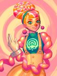  arms_(game) bellhenge clown clown_nose gloves green_eyes jewelry lola_pop looking_at_viewer mask multicolored_hair orange_hair puffy_sleeves smile solo two-tone_hair 