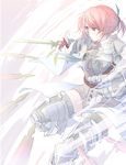  armor armored_boots aspara bangs boots closed_mouth commentary eyebrows_visible_through_hair fantasy gauntlets greaves green_eyes highres holding holding_sword holding_weapon multiple_swords original pauldrons pink_hair serious sidelocks solo sword thighhighs weapon white_legwear 