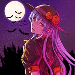  alternate_color architecture arms_behind_back arpeggio_kaga bat blue_hair brown_blouse eyebrows_visible_through_hair eyelashes fangs fangs_out full_moon gothic_architecture halloween hat hat_ornament hat_ribbon hinanawi_tenshi jack-o'-lantern long_hair looking_at_viewer looking_back moon moonlight night outdoors puffy_short_sleeves puffy_sleeves red_eyes ribbon short_sleeves sky solo star_(sky) starry_sky touhou upper_body 