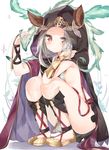  animal_ears backless_outfit blush cloak commentary_request erune from_side granblue_fantasy highres hood hooded_cloak jpeg_artifacts kamioka_shun'ya looking_at_viewer no_socks red_eyes scathacha_(granblue_fantasy) shoes silver_hair solo squatting 