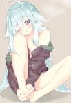  aqua_hair barefoot breasts cleavage collarbone commentary_request d; highres holding_own_foot hood hoodie jpeg_artifacts kamioka_shun'ya knee_to_face legs long_hair looking_at_viewer no_bra no_pants off_shoulder one_eye_closed open_mouth original panties red_eyes shiori_(kamioka_shun'ya) small_breasts solo underwear very_long_hair 