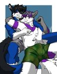  abs arinmal bashfulwolf black_hair bulge canine clothed clothing cute ear_piercing grey_hair hair hand_on_chest highlights hug husband invalid_tag looking_at_viewer male mammal munekit piercing purple_eyes purple_hair red_eyes relationship ring romantic shorts smile topless whiskers 