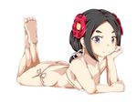  1girl ass barefoot bikini black_hair blush breasts feet flower hair_flower hair_ornament maru_sashi princess_principal purple_eyes small_breasts smile soles solo swimwear toes toudou_chise 