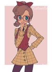  blue_eyes bow bright_pupils brown_hair character_name glasses hair_bow hand_on_hip katrielle_layton layton's_mystery_journey looking_at_viewer ponytail professor_layton protected_link solo tweed waistcoat 
