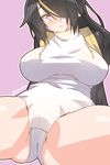  ass black_hair black_jacket blush breasts breasts_apart brown_eyes closed_mouth emperor_penguin_(kemono_friends) eyebrows_visible_through_hair hair_over_one_eye head_tilt highres jacket kemono_friends large_breasts legs leotard long_hair looking_at_viewer multicolored_hair outline pink_background sitting solo spread_legs streaked_hair tilt-shift twitter_username white_leotard white_outline 