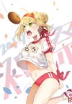  absurdres arms_behind_back bandana blonde_hair blush bouncing_breasts bound bound_wrists bread bread_eating_race breasts buruma clothes_writing dated fate_(series) food green_eyes gym_uniform hair_bun highres jumping ludou_maomao medium_breasts navel nero_claudius_(fate) nero_claudius_(fate)_(all) olympian_bloomers open_mouth puffy_short_sleeves puffy_sleeves red_buruma shirt_lift shoes short_sleeves sneakers solo sparkle sweat 