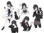  amamiya_ren black_hair braid butler cat cellphone collage cup eighth_note eikaeikiaka genderswap genderswap_(mtf) glasses long_hair looking_at_viewer monocle morgana_(persona_5) musical_note necktie pantyhose persona persona_5 phone plaid plaid_skirt school_uniform short_shorts shorts shuujin_academy_uniform skirt smartphone smile teacup tray twin_braids 