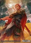  armor cape circlet cloud cloudy_sky copyright_name crossed_arms facial_mark force_of_will kakotomirai looking_at_viewer male_focus mountain mountain_pattern_armor official_art red_eyes red_hair rock sky solo staff sun_wukong_(force_of_will) 