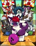  2017 ambiguous_gender anthro bowling canine eyes_closed eyeshadow feathered_wings feathers fox fur green_hair group hair horn licking licking_lips makeup mammal nude o-kemono open_mouth purple_fur red_hair tongue tongue_out wings 
