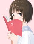  aspara bangs blue_eyes book brown_hair commentary_request covered_mouth eyebrows_visible_through_hair from_side hands_up highres holding holding_book looking_at_viewer original pink_background red_string school_uniform serafuku short_hair simple_background solo string upper_body 