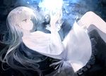 aspara bangs blue cupping_hands dress frilled_dress frills from_side grey_eyes grey_hair hands_up highres light_rays long_hair original parted_lips silver_eyes silver_hair solo white white_dress 