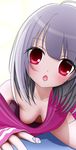  1girl blush breasts cleavage downblouse extended_downblouse fingernails hanging_breasts heart kunoko looking_at_viewer lying medium_breasts no_bra off_shoulder on_stomach open_mouth original red_eyes shadow short_hair silver_hair solo 