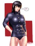  &gt;_&lt; abs black_hair blush breasts brown_eyes buttons commentary_request cosplay covered_nipples gakuran hand_on_hip highres large_breasts looking_at_viewer m.u.g.e.n meme_attire muscle muscular_female one-piece_swimsuit original scar school_uniform sendai_hakurei_no_miko solo swimsuit taikyokuturugi touhou 