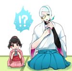  1girl asymmetrical_hair blue_hakama blue_lipstick cup drinking drinking_glass drinking_straw gomoku_(umesyuumai) hair_bun hakama japanese_clothes juice_box lipstick little_girl_saniwa_(touken_ranbu) makeup monocle saniwa_(touken_ranbu) sitting socks tatami tomoegata_naginata touken_ranbu white_hair 