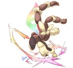  1girl animal_ears arm_up black_sclera bunny_ears bunny_tail energy feet full_body furry highres looking_at_viewer looking_to_the_side lopunny mega_lopunny mega_pokemon no_humans outstretched_arm paws pokemon pokemon_(creature) pokemon_dppt pupumeteor red_eyes running signature simple_background smile solo tail text white_background 