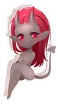  &lt;3 &lt;3_eyes black_sclera blush breasts chibi crossed_legs cute dark_skin demon female grey_skin hair horn humanoid imp lawychan long_hair looking_at_viewer naturally_censored nifsara_(character) not_furry nude pointy_ears red_eyes red_hair short sitting smile solo spade_tail watermark 