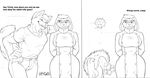  2017 anthro big_breasts breasts canine clothing comic dialogue duo ears_down grin hand_on_hip hands_behind_back inner_ear_fluff jacket jeans karin_(kencougr) kencougr lagomorph looking_down male mammal monochrome muscular muscular_male pants rabbit shirt smile suggestive wide_hips wolf 
