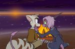  2017 anthro beach cat clothed clothing dreamkeepers duo feline female fire hair mace_(dreamkeepers) male male/female mammal namah_calah outside pink_hair seaside sitting spade_tail sporefox1 sunset 