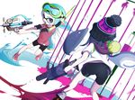  2girls action aqua_hair aspara ass bangs beanie bike_shorts black_hat black_shorts blue_eyes blue_hair blunt_bangs bobblehat commentary domino_mask dutch_angle from_behind goggles goggles_on_head grey_eyes hat highres holding holding_weapon ink ink_tank_(splatoon) inkling inkling_(language) kneepits leaning_forward long_hair long_sleeves mask multiple_girls open_mouth paint paint_splatter pointy_ears purple_scarf red_footwear red_shirt scarf shirt shoes short_over_long_sleeves short_sleeves shorts single_vertical_stripe sneakers snorkel splash-o-matic_(splatoon) splash_wall_(splatoon) splatoon_(series) standing standing_on_one_leg t-shirt tentacle_hair weapon white_shirt 