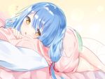  :o ass blue_hair blush commentary_request crossed_legs drooling green_panties hair_ribbon jpeg_artifacts kamioka_shun'ya kneepits long_hair looking_at_viewer loungewear lying no_pants on_side original panties pillow pink_hoodie red_ribbon ribbon sleepy solo striped_hoodie tsubomi_(kamioka_shun'ya) underwear yellow_background yellow_eyes 