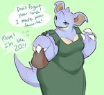  2017 3_fingers anthro anthrofied belly biped blue_body blue_horn blue_tail breasts brown_eyes claws cleavage clothed clothing dialogue digital_drawing_(artwork) digital_media_(artwork) dress english_text female glacierclear green_background green_clothing head_tilt hi_res holding_object horn long_tail mature_female medium_breasts mother navel nidoqueen nintendo open_mouth overweight overweight_female paper_bag parent pok&eacute;mon pok&eacute;morph simple_background smile solo speech_bubble standing tan_body text two_tone_body unseen_character video_games white_claws 