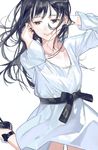  arms_up aspara bangs black_hair collarbone dress grey_eyes half-closed_eyes hands_in_hair highres leg_up long_hair looking_to_the_side open_mouth original sash simple_background smile solo teeth walking white_background white_dress wind 