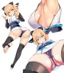  armpits ass bad_anatomy barefoot black_panties blonde_hair bow breasts cameltoe character_sheet commentary_request covered_nipples denden_taiko detached_sleeves double_v fate_(series) foreshortening from_below hair_bow highres japanese_clothes kimono koha-ace looking_at_viewer md5_mismatch medium_breasts no_bra obi okita_souji_(fate) okita_souji_(fate)_(all) panties partially_visible_vulva sash short_hair short_kimono sideboob simple_background sleeveless sleeveless_kimono thighhighs thighs toeless_legwear twisted_torso underwear v white_background white_kimono 