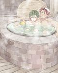  bath blush closed_eyes dark_skin dark_skinned_male green_hair hjm multiple_boys onsen ookanehira_(touken_ranbu) partially_submerged red_hair rubber_duck touken_ranbu towel towel_on_head uguisumaru water wooden_floor 