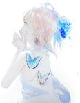 aspara bangs blonde_hair blue_flower bug butterfly eyebrows_visible_through_hair flower from_side green_eyes hair_flower hair_ornament hands_up highres insect light_smile original parted_lips petals simple_background solo tank_top tearing_up tears upper_body white_background wind 