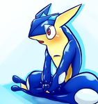  absurd_res ambiguous_gender blue_skin blush cute fklow greninja hi_res nintendo pok&eacute;mon red_eyes semi-anthro simple_background solo video_games white_background 