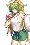  ahoge animal_ears armpit_peek atalanta_(fate) bangs bare_arms bare_shoulders blonde_hair bottle breasts cat_ears commentary cowboy_shot eyebrows_visible_through_hair fate/apocrypha fate_(series) green_eyes green_hair green_scrunchie green_shorts gym_shorts hair_between_eyes hair_ornament hair_scrunchie highres large_breasts long_hair looking_at_viewer melon22 milk milk_bottle multicolored_hair ponytail scrunchie shirt shorts simple_background sleeveless sleeveless_shirt solo standing sweat tail towel two-tone_hair very_long_hair white_background white_shirt 