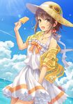  blush brown_eyes brown_hair collarbone daidai_jamu dark_skin eyebrows_visible_through_hair flower food hair_bobbles hair_ornament highres jewelry looking_at_viewer necklace ocean open_mouth original popsicle smile solo sunflower 