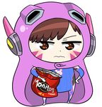  10s 1girl animal_costume artist_request chibi chips cloak d.va_(overwatch) doma_umaru food himouto!_umaru-chan hood hooded_cloak inushige komaru long_hair looking_at_viewer parody potato_chips standing 