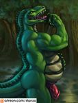  2017 5_fingers anthro belly biceps butt claws conditional_dnp crocodile crocodilian danza dripping drooling forest green_eyes green_skin green_tail half-erect hand_on_stomach hi_res humanoid_hands humanoid_penis long_tail looking_at_viewer male multicolored_skin multicolored_tail muscular muscular_male nature nude open_mouth patreon penis pink_tongue reptile saliva scalie sharp_teeth side_view snout solo standing tan_skin tan_tail teeth thick_thighs tongue tree vein veiny_penis white_claws 
